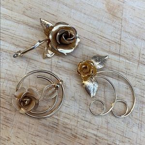 Set of 3 vintage brooches pin roses flowers gold